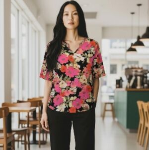 Floral Metallic Black Women's Blouse Cure. Size Medium Pink Peach Green New